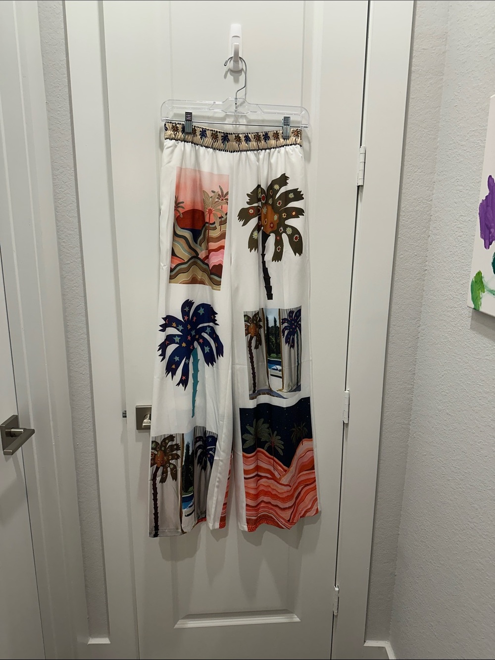 White Wide-Leg Palm Print Lounge/Beach cover up Pants